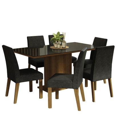 Conjunto Sala de Jantar Mesa Tampo de Vidro 6 Cadeiras Rustic/Preto/Oxford Alexis Madesa Imagem de Conjunto Sala de Jantar Mesa Tampo de Vidro 6 Cadeiras Rustic/Preto/Oxford Alexis Madesa