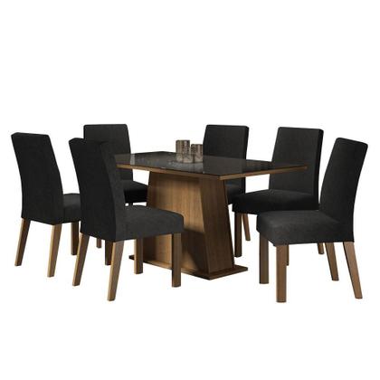 Conjunto Sala de Jantar Mesa Tampo de Vidro 6 Cadeiras Rustic/Preto/Oxford Patricia Madesa Imagem de Conjunto Sala de Jantar Mesa Tampo de Vidro 6 Cadeiras Rustic/Preto/Oxford Patricia Madesa