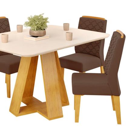 Imagem de Conjunto Sala de Jantar Mesa Tampo Retangular Chanfrado Curvo Mad/Vid 120 x 90cm Kiara Cedro Off White e 4 Cadeiras Lidia Veludo Moca- MABE MAGAZINE