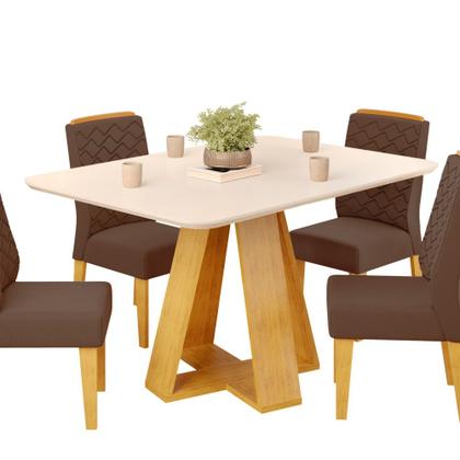 Imagem de Conjunto Sala de Jantar Mesa Tampo Retangular Chanfrado Curvo Mad/Vid 120 x 90cm Kiara Cedro Off White e 4 Cadeiras Lidia Veludo Moca- MABE MAGAZINE