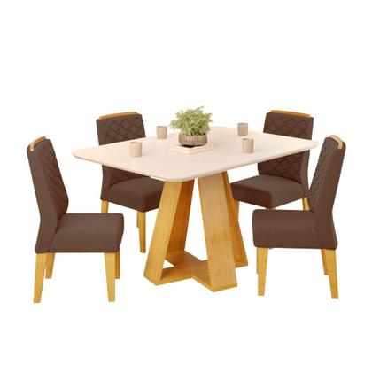 Imagem de Conjunto Sala de Jantar Mesa Tampo Retangular Chanfrado Curvo Mad/Vid 120 x 90cm Kiara Cedro Off White e 4 Cadeiras Lidia Veludo Moca- MABE MAGAZINE