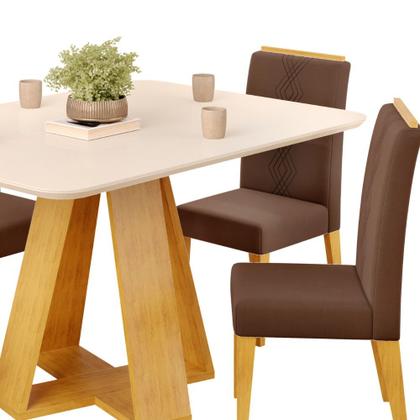 Imagem de Conjunto Sala de Jantar Mesa Tampo Retangular Chanfrado Curvo Mad/Vid 120 x 90cm Kiara Cedro Off White e 4 Cadeiras Yasmin Veludo Moca- MABE MAGAZINE