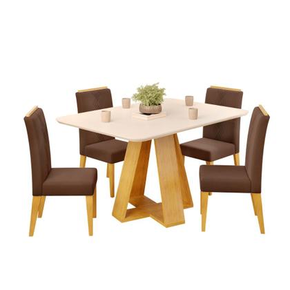 Imagem de Conjunto Sala de Jantar Mesa Tampo Retangular Chanfrado Curvo Mad/Vid 120 x 90cm Kiara Cedro Off White e 4 Cadeiras Yasmin Veludo Moca- MABE MAGAZINE
