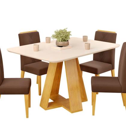 Imagem de Conjunto Sala de Jantar Mesa Tampo Retangular Chanfrado Curvo Mad/Vid 120 x 90cm Kiara Cedro Off White e 4 Cadeiras Yasmin Veludo Moca- MABE MAGAZINE
