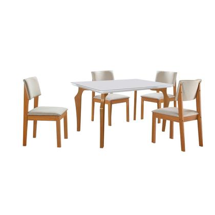 Imagem de Conjunto Sala de Jantar Mesa Tampo Vidro/MDF com 4 Cadeiras Linho Marialice Cinamomo/Off White/Bege