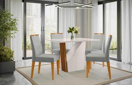 Imagem de Conjunto Sala de Jantar Mesa Veneza 120X80 com 4 Cadeiras Lectus Ype/Off White/Linho Cinza Claro - NC