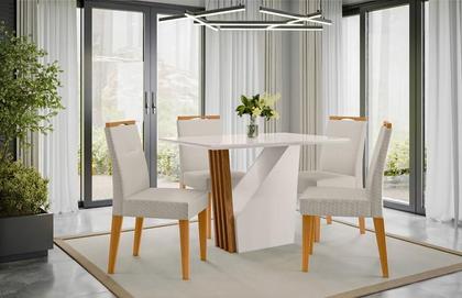 Imagem de Conjunto Sala de Jantar Mesa Veneza 120X80 com 4 Cadeiras Lectus Ype/Off White/Linho Palha - NC