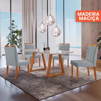 Imagem de Conjunto Sala de Jantar Mesa Viena Madeira Maciça 140x80cm Tampo Retângular Vidro Off White com 4 Cadeiras Ágata com Puxador Móveis Minas