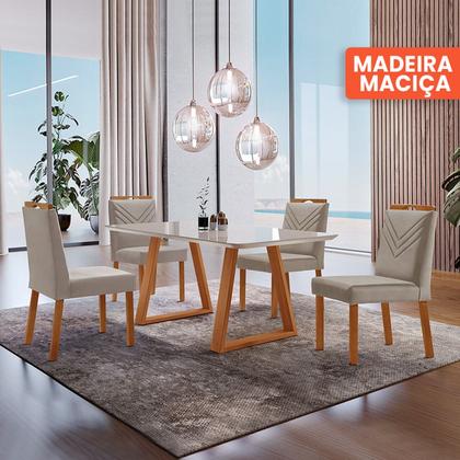 Imagem de Conjunto Sala de Jantar Mesa Viena Madeira Maciça 140x80cm Tampo Retângular Vidro Off White  com 4 Cadeiras Maia com Puxador Móveis Minas