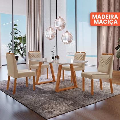 Imagem de Conjunto Sala de Jantar Mesa Viena Madeira Maciça 140x80cm Tampo Retângular Vidro Off White  com 4 Cadeiras Maia com Puxador Móveis Minas