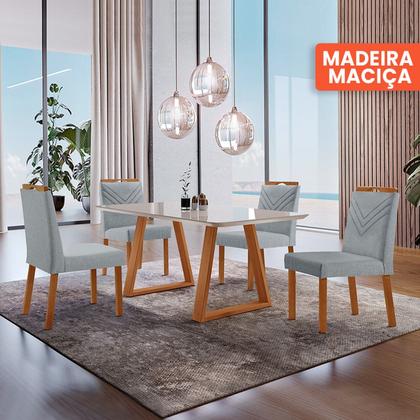 Imagem de Conjunto Sala de Jantar Mesa Viena Madeira Maciça 140x80cm Tampo Retângular Vidro Off White  com 4 Cadeiras Maia com Puxador Móveis Minas