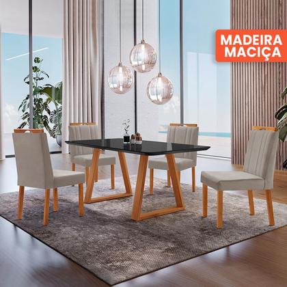 Imagem de Conjunto Sala de Jantar Mesa Viena Madeira Maciça 140x80cm Tampo Retângular Vidro Preto com 4 Cadeiras Ágata com Puxador Móveis Minas