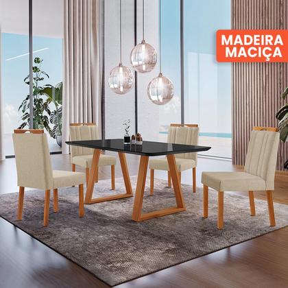 Imagem de Conjunto Sala de Jantar Mesa Viena Madeira Maciça 140x80cm Tampo Retângular Vidro Preto com 4 Cadeiras Ágata com Puxador Móveis Minas