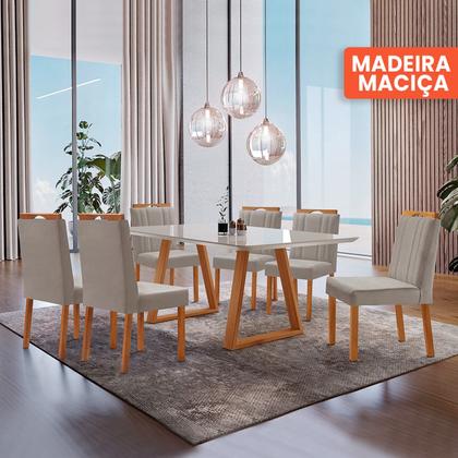 Imagem de Conjunto Sala de Jantar Mesa Viena Madeira Maciça 160x90cm Tampo Retângular Vidro Off White com 6 Cadeiras Ágata com Puxador Móveis Minas
