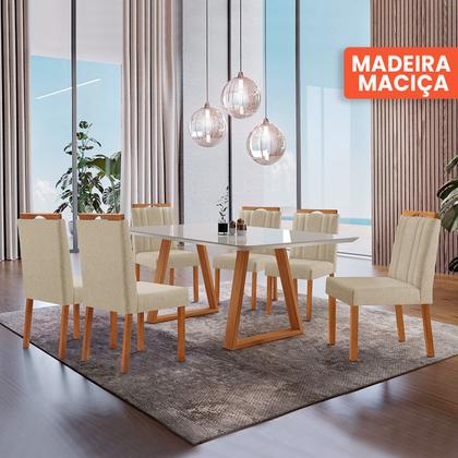Imagem de Conjunto Sala de Jantar Mesa Viena Madeira Maciça 160x90cm Tampo Retângular Vidro Off White com 6 Cadeiras Ágata com Puxador Móveis Minas