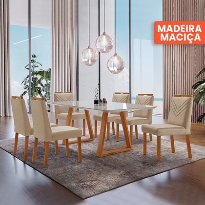 Imagem de Conjunto Sala de Jantar Mesa Viena Madeira Maciça 160x90cm Tampo Retangular Vidro Off White com 6 Cadeiras Maia com Puxador Móveis Minas
