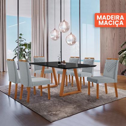 Imagem de Conjunto Sala de Jantar Mesa Viena Madeira Maciça 160x90cm Tampo Retângular Vidro Preto com 6 Cadeiras Maia com Puxador Móveis Minas