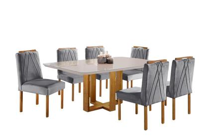 Imagem de Conjunto Sala de Jantar Munique 6 Lugares Madeira Maciça Tampo Com Vidro