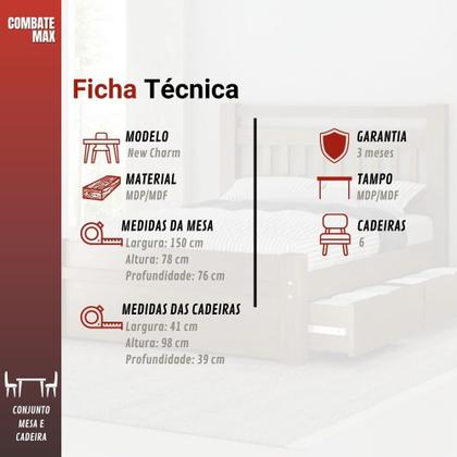 Imagem de Conjunto Sala de Jantar New Charm - Mesa Retangular 6 Cadeiras Estofadas Linho - Indekes