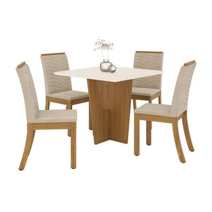Imagem de Conjunto Sala De Jantar Tampo Mdf Canto Reto Com Vidro 90 Cm 04 Cadeiras Valentina Henn Nature Com Off White E Linho