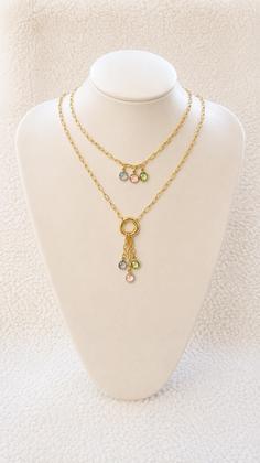Imagem de Conjunto Semijoias Cristais Coloridos Brinco Pulseira e 2 Colares Banhado a Ouro 18K