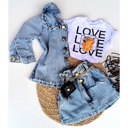 Imagem de CONJUNTO Short saia jeans + Camisa/blusa jeans LUXO