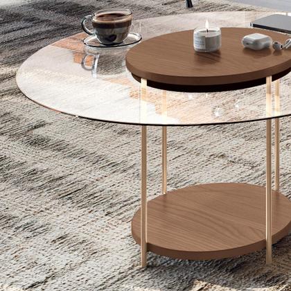 Imagem de Conjunto Sky 2 Mesas Centro Tampo MDF/Vidro com Pés em Aço Castanho G26 - Hb Móveis