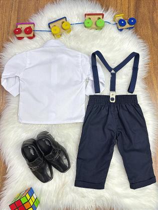 Imagem de Conjunto Social Bebê Calça Suspensório Azul Escuro e Camisa Branca para Festas e Eventos