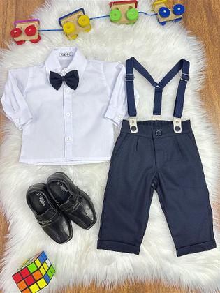 Imagem de Conjunto Social Bebê Calça Suspensório Azul Escuro e Camisa Branca para Festas e Eventos