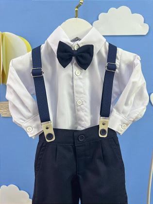 Imagem de Conjunto Social Bebê Calça Suspensório Azul Escuro e Camisa Branca para Festas e Eventos