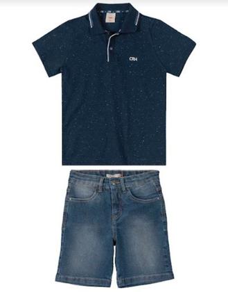 Imagem de Conjunto Social Infantil Menino Camisa Polo em Algodão Botonê Bermuda Jeans Infantil Carinhoso 