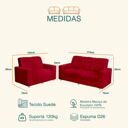 Imagem de Conjunto Sofá 1,74 x 1,24m 3 e 2 Lugares Suede Roma Vermelho