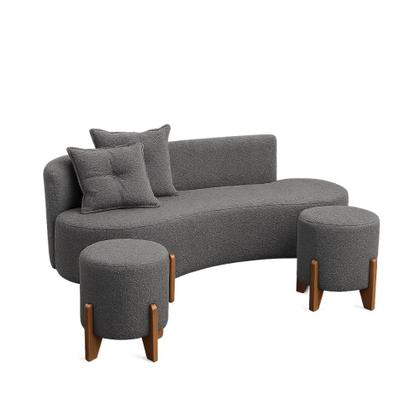 Imagem de Conjunto Sofá Curvo Orgânico + 02 Puff Luna Boucle Cinza - Montanaris Decor