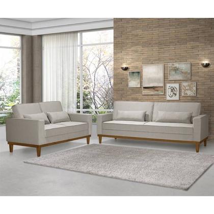 Imagem de Conjunto Sofá Living Valência 3 e 2 Lug. Base Madeira Linho BEGE