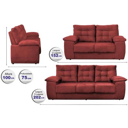 Imagem de Conjunto Sofá Luxemburgo 3 E 2 Lugares 1,52m e 2,02m Suede Vermelho