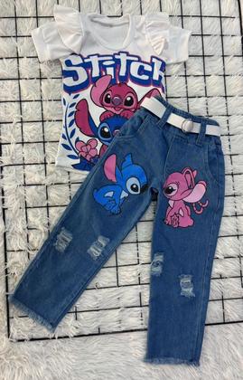 Imagem de Conjunto Stitch Infantil Feminino 3 Peças Calça Jeans Blogueirinha Blusa Stitch Cinto