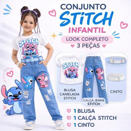 Imagem de Conjunto Stitch Infantil Feminino 3 Peças Calça Jeans Blogueirinha Blusa Stitch Cinto