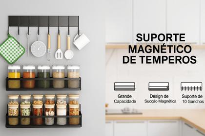 Imagem de Conjunto Suporte Preto Magnético 3 Peças com 10 Ganchos Aço Carbono
