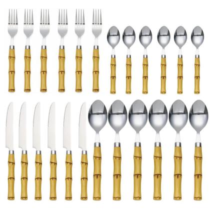 Imagem de Conjunto Talheres Estilo Bambu 24 Peças Faca Colher Garfo