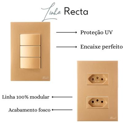 Imagem de Conjunto Tomada 10a 20a 4x2 Dourada Fosco Interruptor Simples Paralelo Ouro Nobre Satin Blux