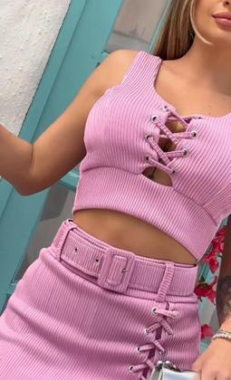 Imagem de Conjunto Top e Short Saia Com Cinto Modelo Ilhóes Tecido Crepe 3D