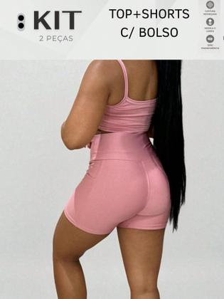 Imagem de Conjunto top e shorts com BOLSO Fitness Academia Cintura alta Cós Duplo Modelador