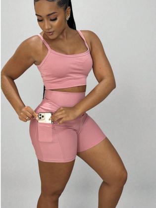 Imagem de Conjunto top e shorts com BOLSO Fitness Academia Cintura alta Cós Duplo Modelador