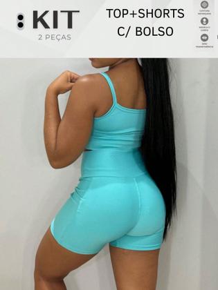 Imagem de Conjunto top e shorts com BOLSO Fitness Academia Cintura alta Cós Duplo Modelador