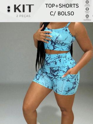 Imagem de Conjunto top e shorts com BOLSO Fitness Academia Cintura alta Cós Duplo Modelador