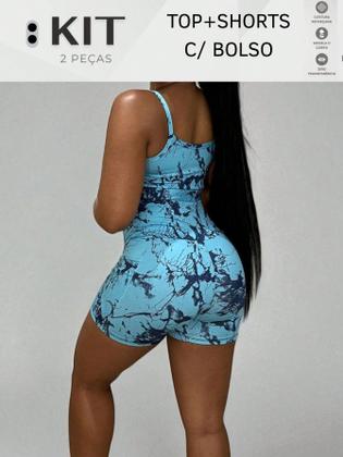 Imagem de Conjunto top e shorts com BOLSO Fitness Academia Cintura alta Cós Duplo Modelador