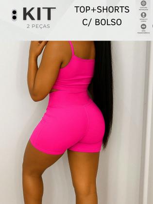 Imagem de Conjunto top e shorts com BOLSO Fitness Academia Cintura alta Cós Duplo Modelador