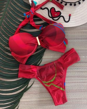 Imagem de Conjunto top meia taça com fivela com tanga drapeada estampada