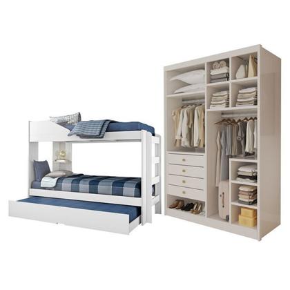 Imagem de Conjunto Treliche Solteiro Indy e Closet Casal sem Portas 4 Gavetas Bergamo Branco