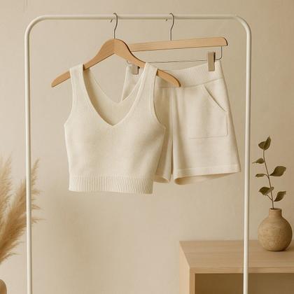 Imagem de Conjunto Tricot Feminino Tamanho Único Regata e Shorts Off-White com Bolsos